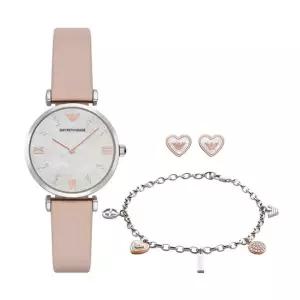 엠포리오 아르마니 지아니 쿼츠 자개 다이얼 여성 가죽시계 팔찌 귀걸이 세트 AR8039