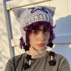 니트 Y2K 울 헤어볼 모자 스트라이프 귀 고양이 폼폼 포함 방한용품 비니 스키 소녀