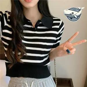 ONM 여성 여름 반팔 니트 카라티 스트라이프 패턴