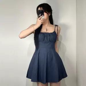 ONM 여성 데님 청 셔링 플레어 끈 나시 원피스 3color