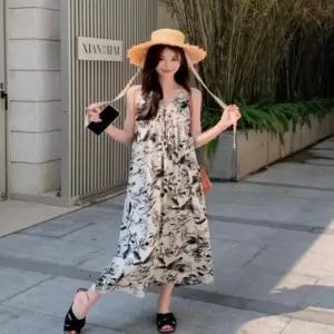 ONM 여성 썸머룩 페인팅 플로럴 브이넥 끈나시 롱원피스