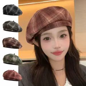 여성 빵모자 가을모자 화가 빈티지 체크무늬 꼭지 베레모 화가모자