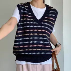 |KSJ6D8E|여성 쟈가드 배색 스트라이프 브이넥 봄 니트 조끼