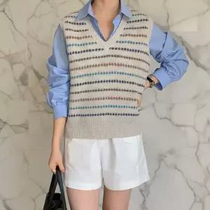 |KSJ6D8E|여성 배색 스트라이프 브이넥 니트 조끼 봄 스타일