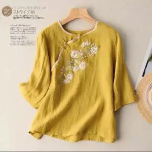 블라우스 여성 쉬폰 셔츠 여성용 순면 문학적 자수 플레이트 버튼 대형 사이즈 루즈 보터밍 여름