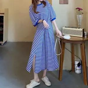 여성 허리조임 스트라이프 오버핏 반팔 롱 원피스