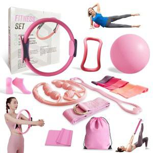 줄루로 홈 운동 필라테스 키트 여성용, 베터미 링 및 볼 세트 필수 장비, 5가지 저항 밴드, 마사지 롤러, 팔, 허벅지 코어를 위한 요가 스타터 액세서리 포함