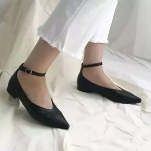 스웨이드 뾰족코 발목 스트랩 여성 플랫슈즈 단화Y