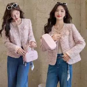 마킷4 여성 핑크 하프코트 프렌치 코트 쇼트 춘추 트위드 톱 JEN3