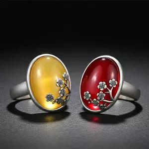 S925 옐로우 루비 칼세도니 마노 원석 매화 반지 aKd7+5jmO