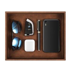 시튼 발렛 트레이 책상 정리함, PU 가죽 캐치올 침대 옆 배니티 나이트스탠드 캐디 코인 박스 열쇠 보석 보관함 발렌타인데이 선물, 브라운