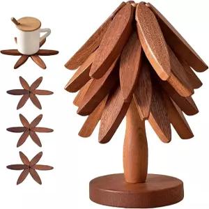 뜨거운 요리용 나무 트리벳 세트 모양 호두나무 4개 스탠드 1개를 크리스마스 트리처럼 보관 접이식 주방