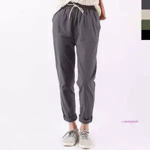 여자 팬츠 커플 보이핏 밴딩 린넨 9부 면바지 배기zab329