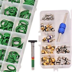 범용 자동차 A/C 수리 키트 | AC 밸브 코어 세트 (1) 오링 구색 - 270피스 씰 그로밋 R12 R134a용 에어컨 타이어 트레드 게이지