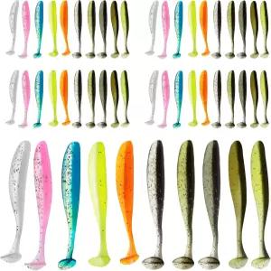 50개 소프트 플라스틱 미끼 패들 테일 수영 낚시 글라이드 미리 고정된 지그 헤드 소금물 담수용 송어 키트