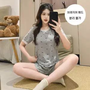 픽호샵 니트 면 여름 투피스 잠옷 패드 잠옷세트 바람막이 반팔 커플 반바지 실내복2 꾹2