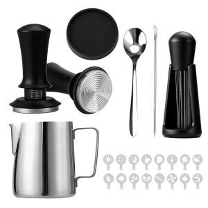 Shoxil 51mm 에스프레소 탬퍼 키트 - 전문가용 커피 제조를 위한 프레스 도구, 탬퍼, 밀크 저그, 매트, 스텐실 등이 포함된 22개 바리스타 도구 세트