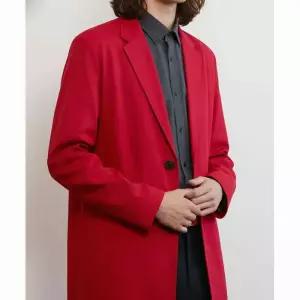 VERN 번 딥 벤트 싱글 코튼 오버코트 레드 면 롱 코트