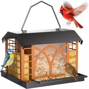 야외 행잉을 위한 새 모이통 더블 스위트 케이지 내후성 금속 지붕이 있는 핀치 카디널 치카디 야생 조류