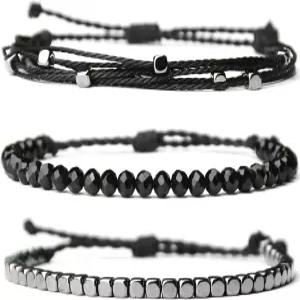 메츨라 비다 3개 수제 여성용 스태커블 팔찌 세트 헤마이트 및 유리 구슬이 포함된 조절 가능한 로프