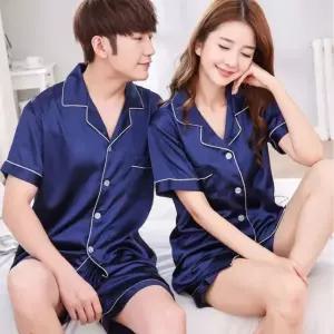 [샵앤] 여성 남성 커플 실크터치 반팔 파자마 잠옷세트 WON-WSET-W4E538B