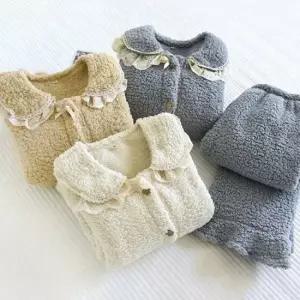 파자마세트부들이잠옷 여자 홈웨어 겨울 뽀글이 양털 잠옷 파자마 긴팔 세트