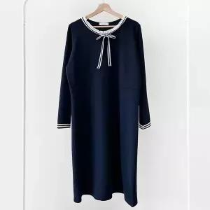 여성 프릴카라 네이비 대형 리본 롱드레스