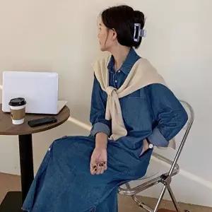 여성 은은 광택 데님 롱셔츠 아우터 원피스 진청 연청 (HSJ-WDD849E)