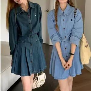 여자 잘록 허리밴딩 카라 데님원피스 진청 연청 A라인 (HSJ-WDEDF04)