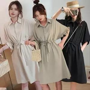 여성 여름 반팔 카라 원피스 허리끈 프릴소매 하객룩 (HSJ-WEC8609)