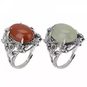 BS S925 보헤미안 에스닉 자스퍼 옥수 원석 플라워 오픈링