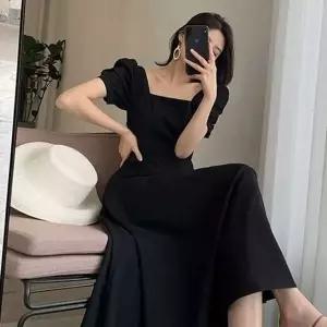 여자 결혼식 여름 하객 룩 패션 반팔 퍼프 롱 원피스 (HSJ-WFH78E4)