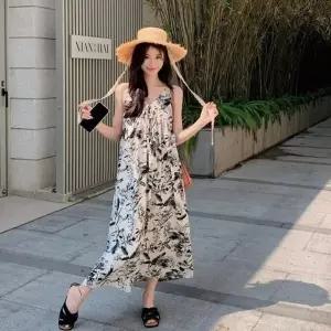 여성 여름 페미닌 수묵화 플라워패턴 끈나시 롱원피스 (HSJ-WFHCF1C)