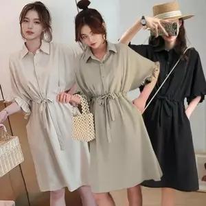 여성 여름 반팔 카라 원피스 허리끈 프릴소매 하객룩 (HSJ-WEC8609)