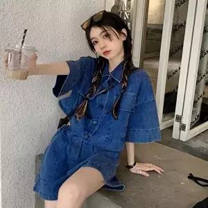 여름 가을 반팔 데님 청투피스 셋업 빈티지 스타일 (HSJ-WFJXFWU)