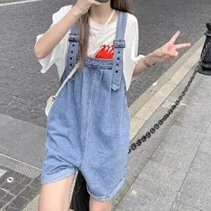 여성 연청 데일리 청 데님멜빵바지 통 멜빵반바지 (HSJ-WFIXR9L)