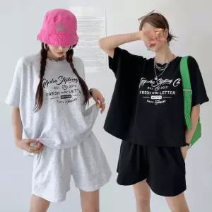 여성 여름 프린팅 면 가오리 반팔 티셔츠 밴딩 반바지 츄리닝 세트 PST0048S 빅사이즈 루즈핏