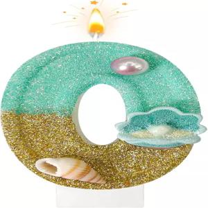 생일 양초 블루 비치 넘버 0 케이크 토퍼용 콘치와 펄로 장식된 인어 오션 테마 에 적합합니다
