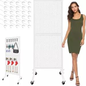 30개의 후크와 휠이 장착된 Royxen 금속 페그보드 2 x 5.5피트 디스플레이 랙 가정 및 상점용 스탠딩 흰색