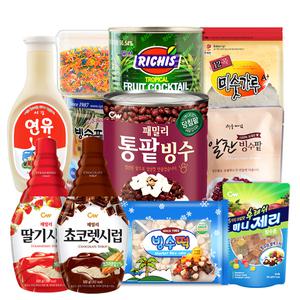 팥빙수재료 33종모음 통단팥 떡 제리 연유 시럽 빙수용기 스푼