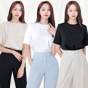 [더웨이나인]여성티블라우스 여자 여름 라운드 블라우스 반팔 화이트 베이지 블랙 기본 실키 심플