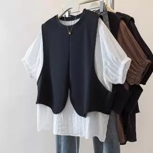 44-99 빅사이즈 쉐이트 페이크 투피스 세트 조끼 블라우스 일체형 하객 결혼식 오버핏 시원한 여름 코디 티셔츠 