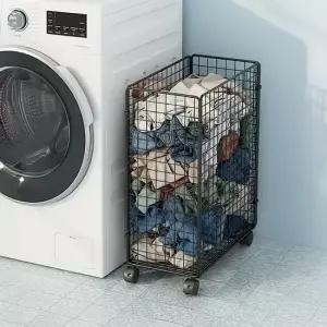 AG01 바퀴 달린 이동식 빨래바구니 세탁실 다용도실 철제 접이식 세탁바구니