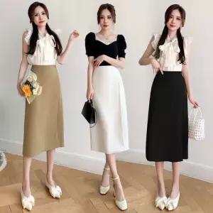 치마 여사친 베이지 롱스커트 영상 속 롱기장 원포인트 하이웨스트 힙색 A라인 뒤 트임 정장 OP1