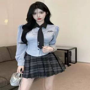 여성스쿨룩 타이세트 체크 플리츠스커트 주름치마 빅사이즈교복 긴팔셔츠