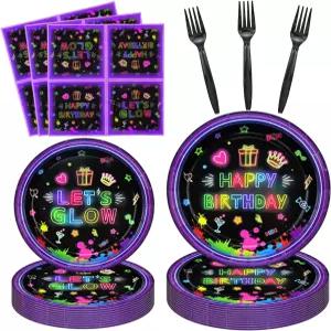 160팩 네온 생일 파티 장식 글로우 용품 인 더 다크 컬러풀 그래피티 블랙 라이트 식기 세트 - 접시 냅킨