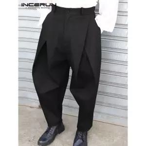 남자 슬렉스 남성 정장 면 바지 INCERUN 남성용 크로스 플리츠 팬츠 편안한 하이웨이스트 솔리드 S-5XL 패