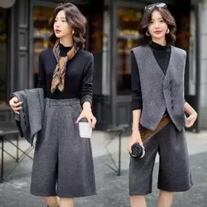 바지 여성용 가을 정장세트 도톰한 조끼 세트 통근에 머플러 한 벌 3종 7부 ST3