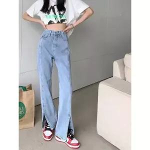 찢어진 와이드 여자통 키작녀 린넨데님팬츠 여성용 블루 스플릿 청바지 하이 웨이스트 루즈 레그 팬츠 스트