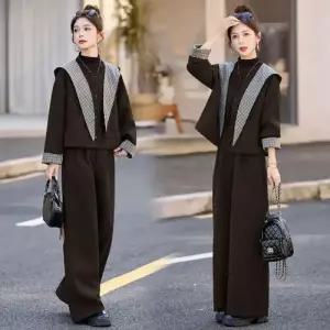 여성용 정장세트 와이드 추체크 아우터 라운드 세트 머플러 후드 BE3